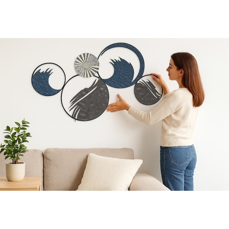 Ocean Ring Metal Wall Art Blue Grey Coastal Decor 35"x20" Horizontal