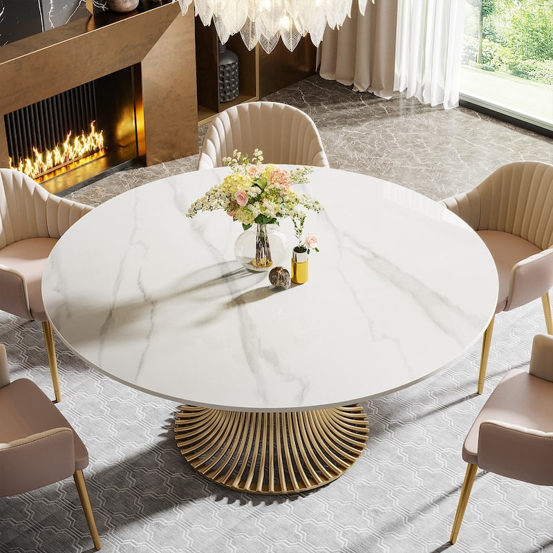 59" Modern Sintered Stone Round Dining Table for 6-8 People ,Gold Pedestal Kitchen Table - 59"D