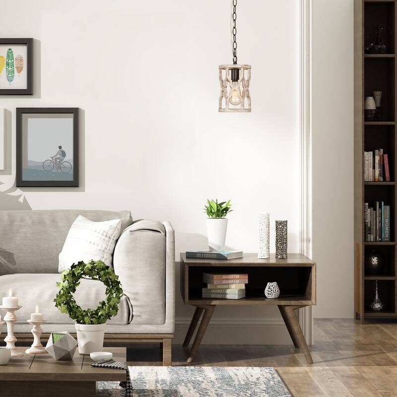 Farmhouse 1-Light Rustic Wood Pendant Light for Kitchen Island Dining Room - 6'' L x 6'' W x 11'' H