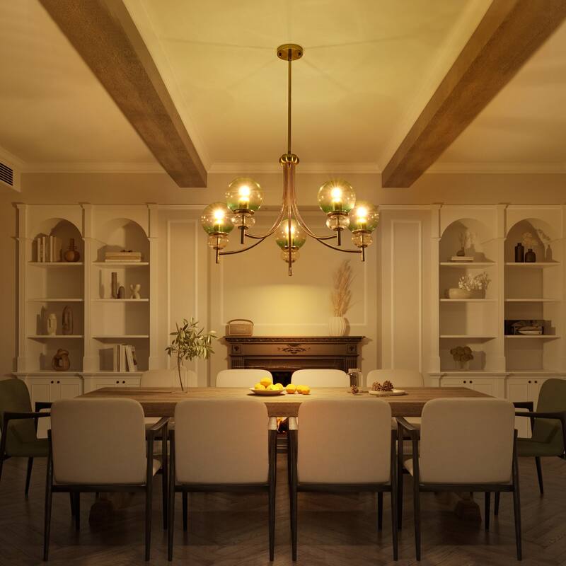 5-Light Mid-Century Modern Luxury Green Sputnik with Open/Bubble Glass Globe Shades Chandelier for Dining Room, Living Room