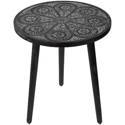 18" Charcoal Black and Gray Floral Engraved Wooden Side Table