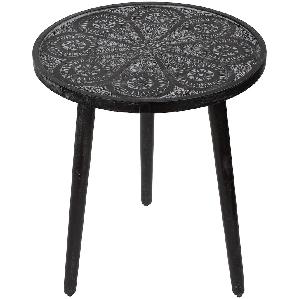 18" Charcoal Black and Gray Floral Engraved Wooden Side Table
