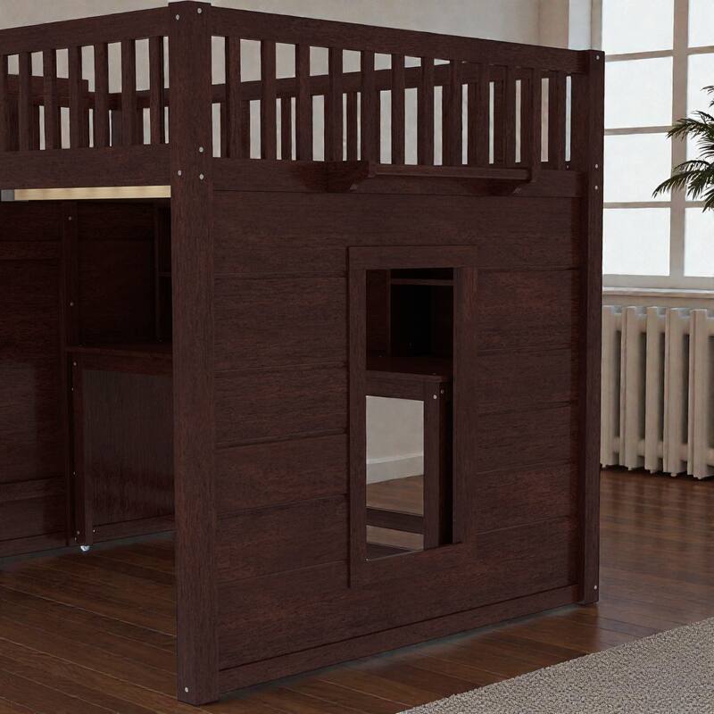 Loft Bed with Movable Desk, Storage Stairs & Shelves, Solid Wood Twin/Full High Loft Bed with Study Area & Safety Guardrails