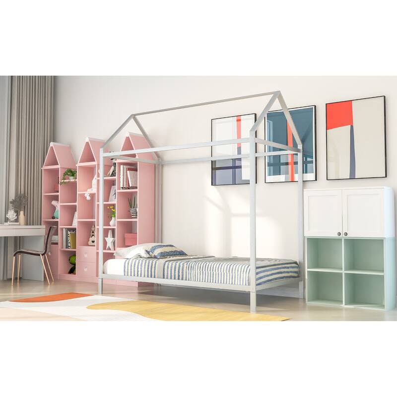 Kids Metal House Bed Frame with Slats, Ideal Playhouse and Sleeping Space