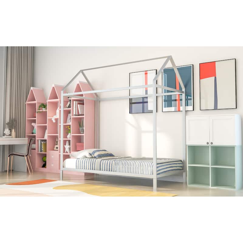 Twin Size Metal House Bed for Kids, Floor Bed Frame with Slats