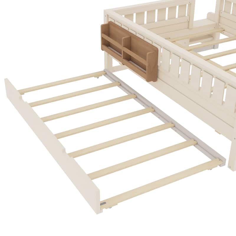 Full/Twin Size Wood Bed with Built-in Bookshelves and Storage Staircase, Safety Rails and Trundle Bed