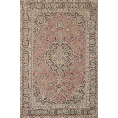 Pink Mashad Vintage Persian Area Rug Hand-Knotted Floral Wool Carpet - 6'0" x 9'0"