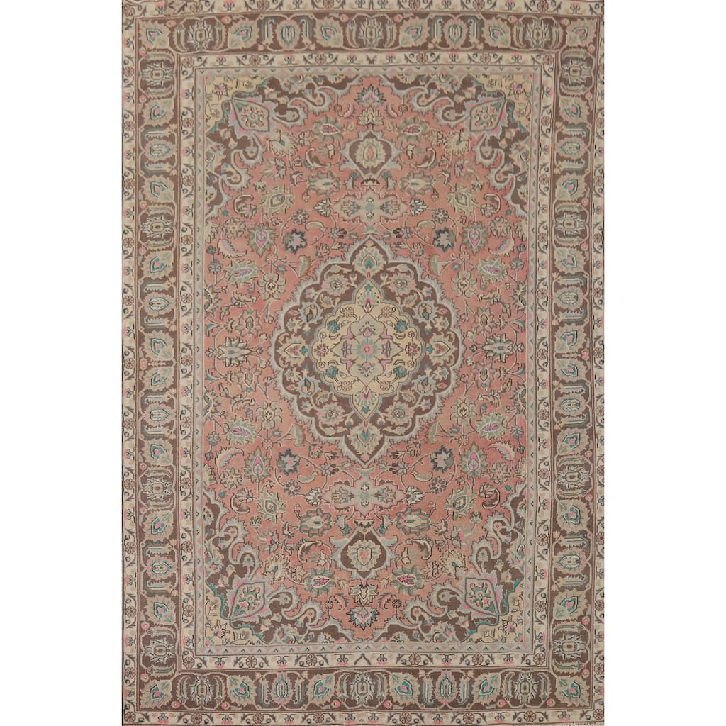 Pink Mashad Vintage Persian Area Rug Hand-Knotted Floral Wool Carpet - 6'0" x 9'0"