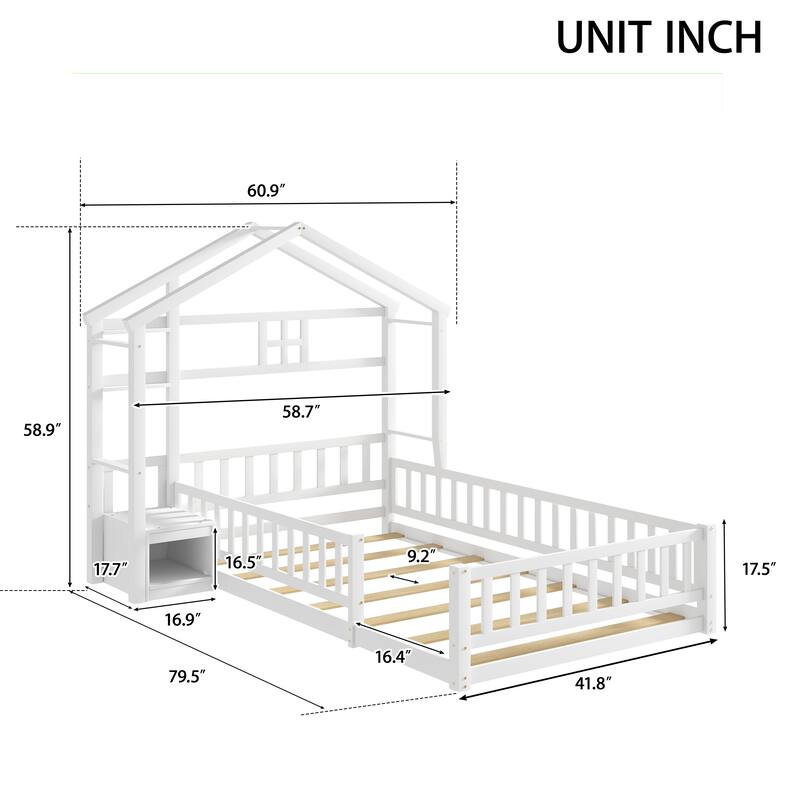 Twin Size Pine Wood House-Style Bed with Fence, No Cushion