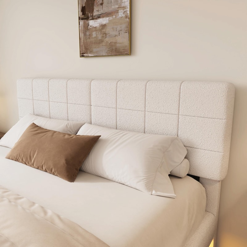 White Bouclé Floating Bed with Ambient Light