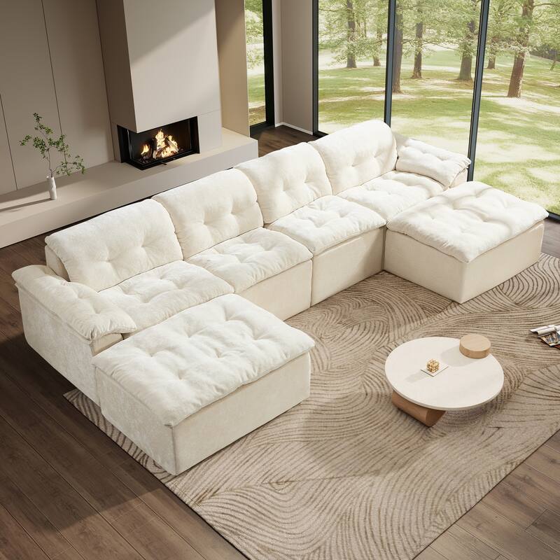 Rossetta 4-Seater Chenille Upholstery Modular Convertible Design Generous Seating Cushioned Sofa with 2 Versatile Ottomans