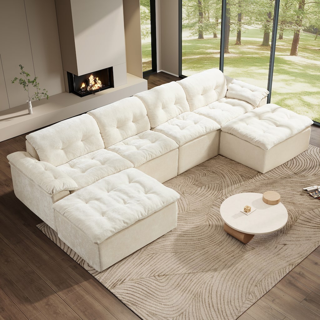 Rossetta 4-Seater Chenille Upholstery Modular Convertible Design Generous Seating Cushioned Sofa with 2 Versatile Ottomans