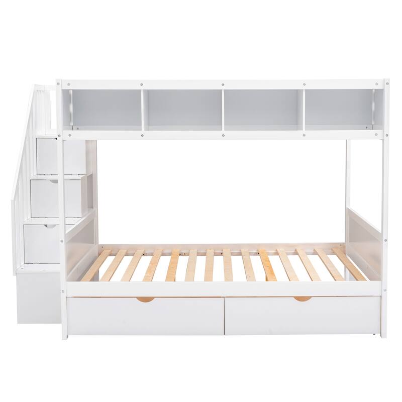 Twin Over Full Bunk Bed with Storage Staircase, Shelves, and Drawers