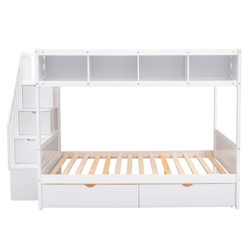 Twin over Full Bunk Bed with Shelfs, Storage Staircase and 2 Drawers