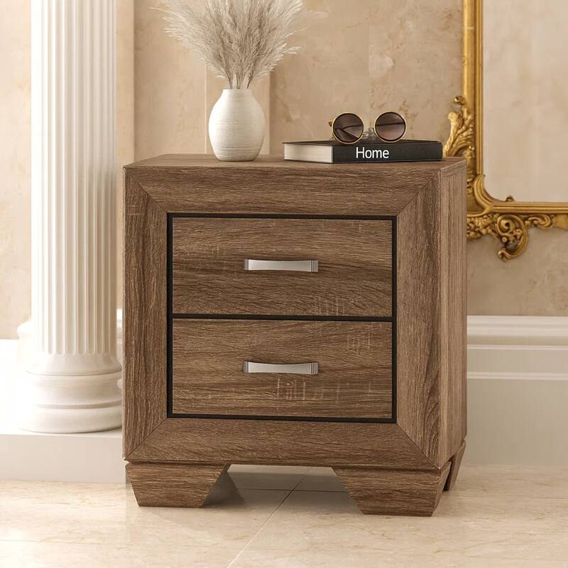 Transitional Style Wooden Nightstand with Two Drawers and Tapered Feet, Brown