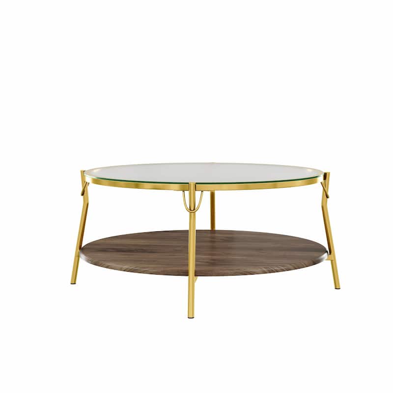 29.9" Modern Round Walnut 2-Tier Coffee Table with Glass Top and Gold Base