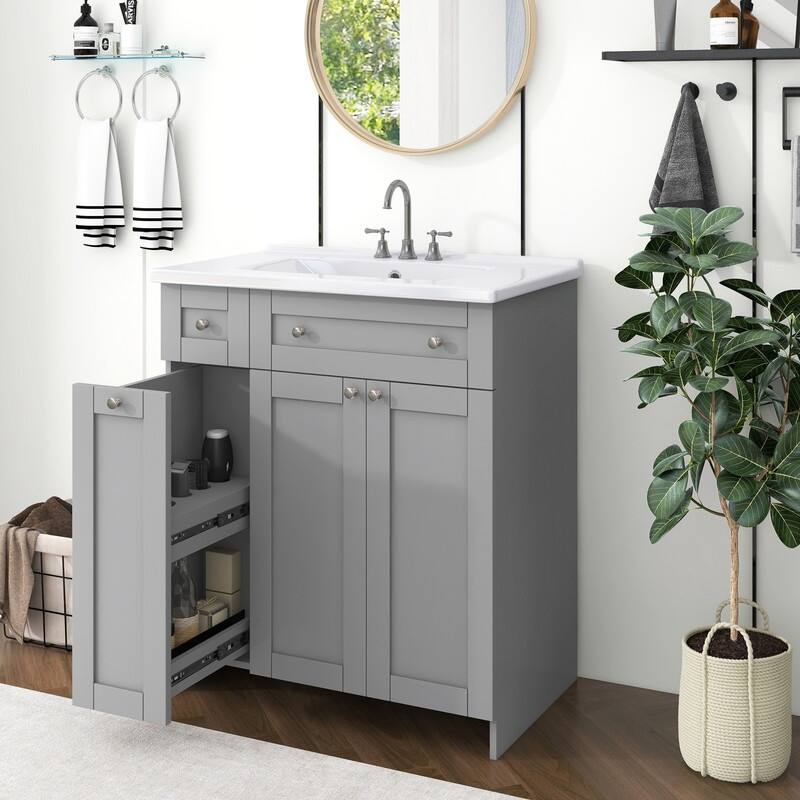 Modern 30-Inch Bathroom Vanity Cabinet with Easy-to-Clean Resin Integrated Sink in Blue - Grey