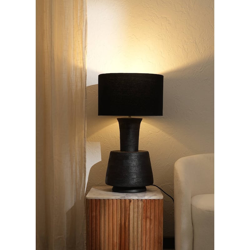 Handcrafted Artisanal Decorative Table Lamp with Wooden Base For Living Room-Bedroom-Home Decor-Tabletop-16.5X16.5X29" - Black