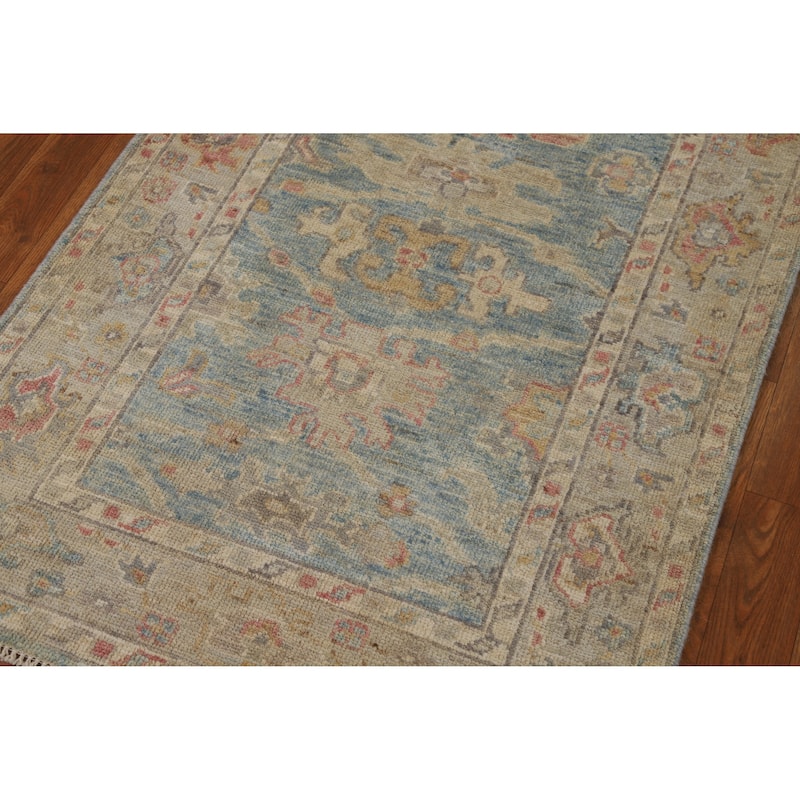 Hand Knotted Oriental 100% Wool Carpet Transitional All-Over Navy Blue & Blues Oushak Runner Rug - 11' 2'' X 2' 11''