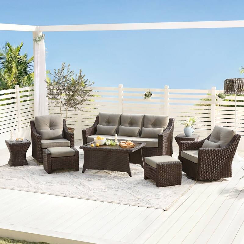 Spruce & Spring Murphy 8-Piece Outdoor Wicker Patio Furniture Conversation Sofa Sets - Chestnut Wicker-Brownish Gray