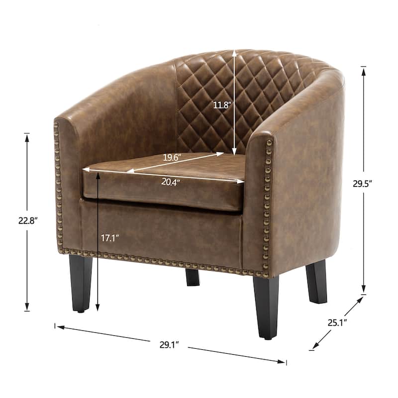 KINWELL PU Leather Tufted Barrel Chair Club Armchair with Nailheads