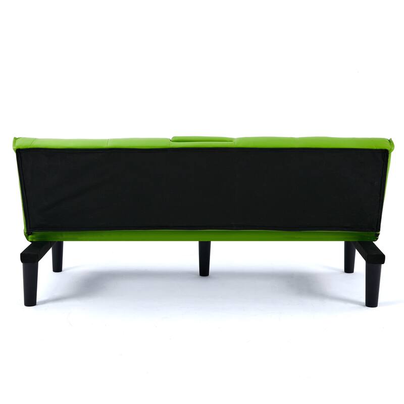 The 67-inch black PVC multi-functional sofa bed with a foldable and cup holder design
