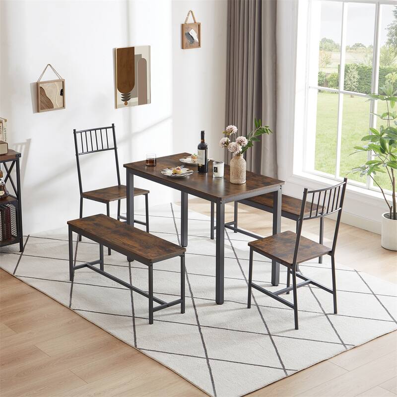 Dining Table Set,Barstool Dining Table with 2 Benches 2 Back Chairs - Rustic Brown