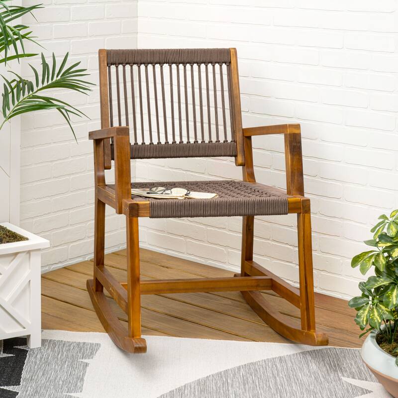 JONATHAN Y Laguna Coastal Casual 352-LBS Support Acacia Wood and Woven Rope Outdoor Rocking Chair