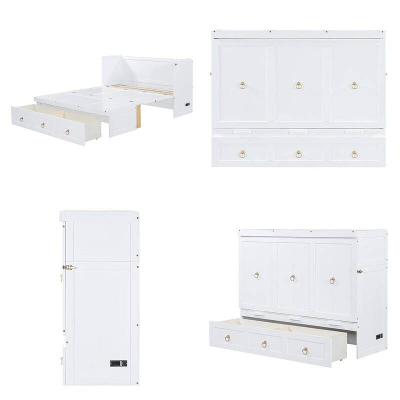 Queen Size Wood Murphy Bed with USB Port Module and Drawer
