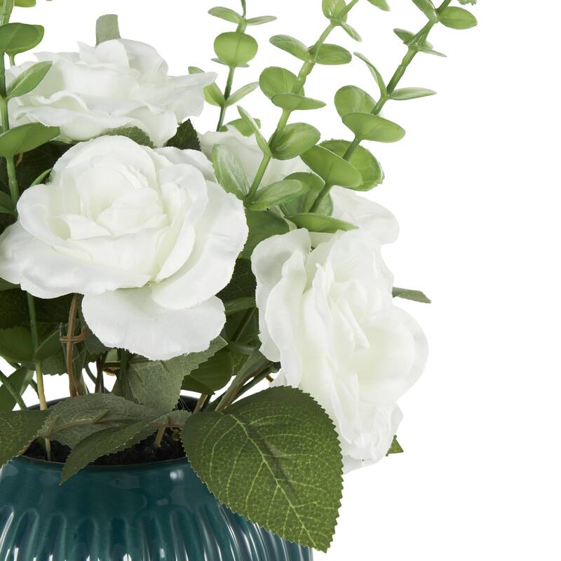 White Fabric Artificial Flower with Green Leaves and Round Ceramic Vase