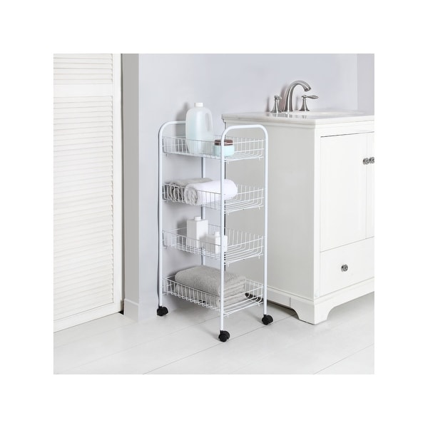 Mainstays 4-Tier Wire Rolling Cart Storage Kitchen Mobile Utility Cart Organizer - 10" x 15" x 34" rack, White