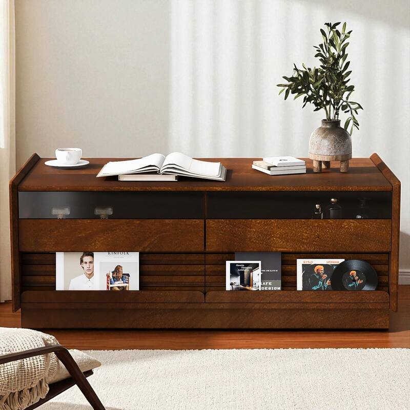 47.2" Modern Rectangular Coffee Table with 4 Storage Drawers, 2 Display Shelves and Tempered Glass Fronts