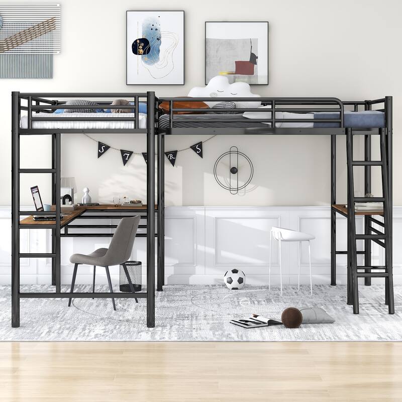 Double Twin Metal L-Shaped Loft Bed with Desks and Guardrails