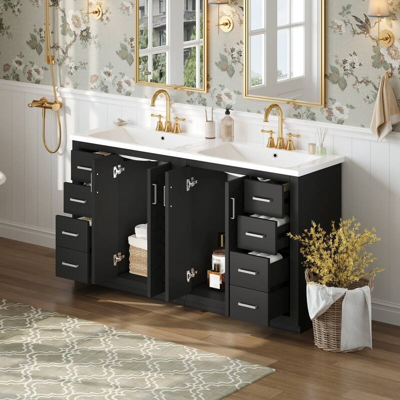 60'' Freestanding Bathroom Vanity Set with White Integrated Ceramic Sink - 60'' x 18.3'' x 34''
