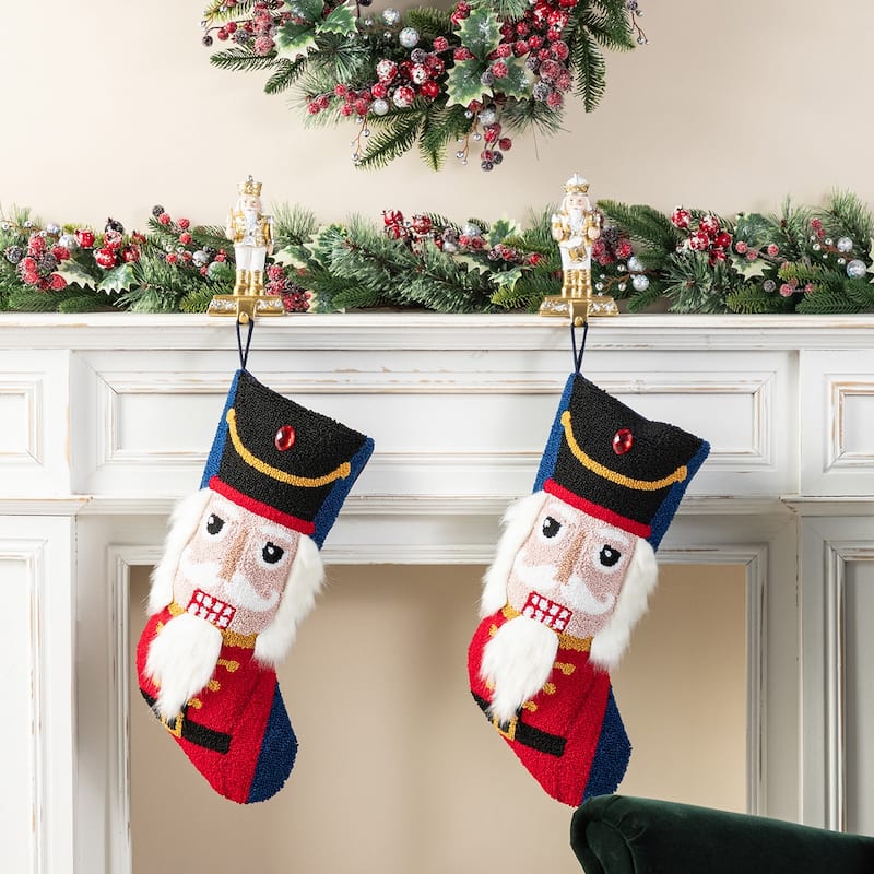Glitzhome Set of 2 Christmas Resin Nutcracker Stocking Holders with Stockings - 4PK Stockings & Stocking Holders