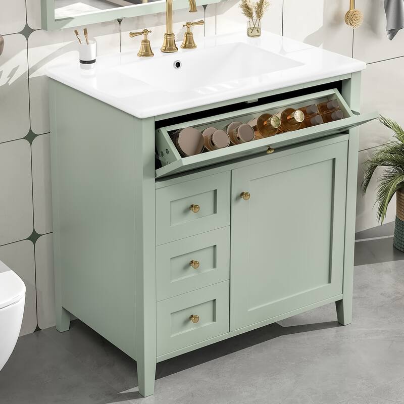 30-Inch Bathroom Vanity with Sink, Modern MDF and Rubberwood Cabinet with 3 Drawers and Adjustable Shelf, Freestanding