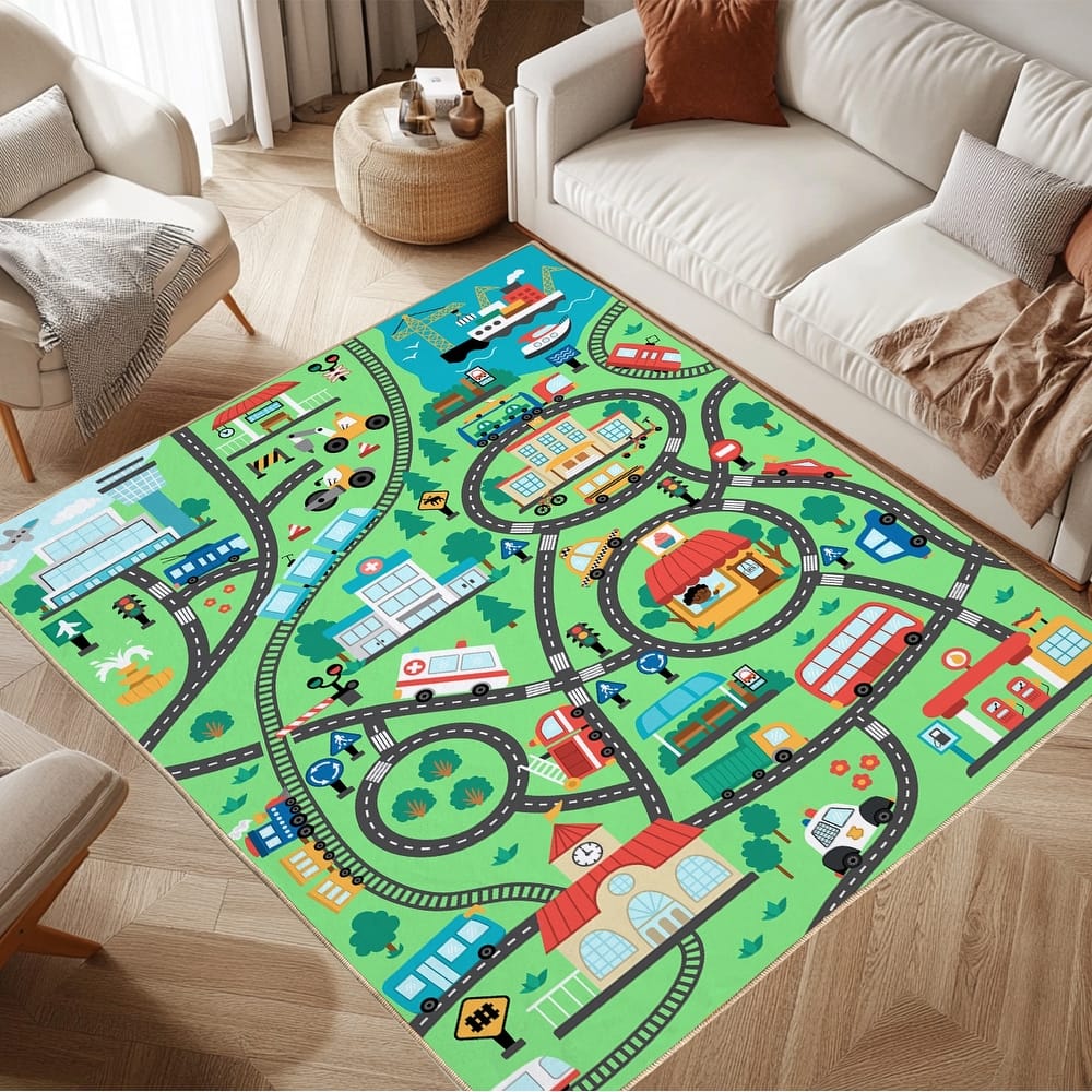 Kids Play Rug, City Road, Vehicle Carpet Playmat Rug, Non Slip Educational Kids Area Rug for Playroom Nursery Toddler Room