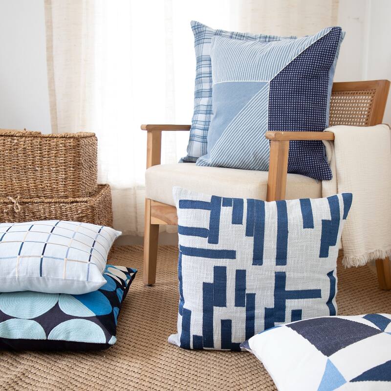 Handwoven Striped Embroidered Cotton Throw Pillow - 24" - Blue and White