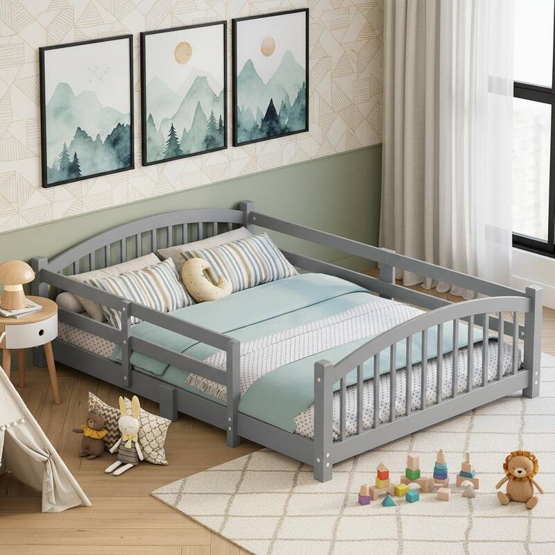 Montessori Solid Pine Floor Bed with Full-Length Safety Fence & Slatted Base by Harper&Bright Designs - Grey - Full
