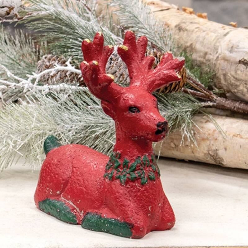 Distressed Cement Red and Green Deer Figurine Christmas Decoration Holiday Tabletop Decor - 15" H x 11" W x 7" D