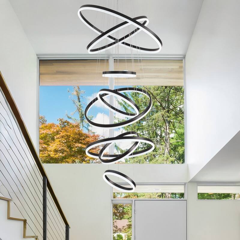 Modern Ring LED Chandelier Ring Adjustable Ceiling Light with Remote Control for High Ceilings