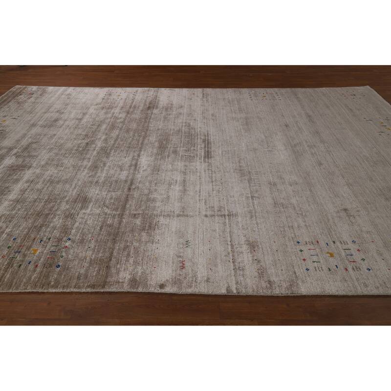 Light Brown Gabbeh Oriental Area Rug Hand-Knotted Silk Carpet - 8'11" x 11'10"
