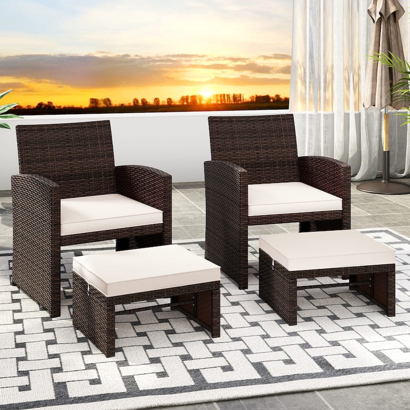 Set of 2 Outdoor Rattan Footstools Ottomans with Cushions for Patio Decor or Garden Seating - 16" L x 19" W x 9.5" H