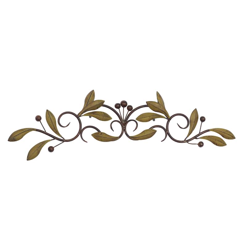 Metal Leaf Home Wall Decor with Scrolled Vine - Green or Red - Roche River Decor