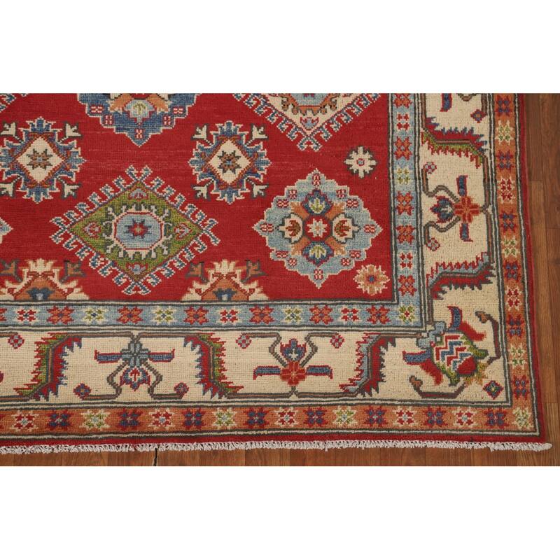 Red Geometric Kazak Area Rug Handmade Wool Carpet - 5'2" x 6'8"