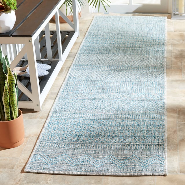 SAFAVIEH Courtyard Zorana Indoor/ Outdoor Waterproof Patio Backyard Rug - 2'3" x 8' Runner - Light Grey/Aqua