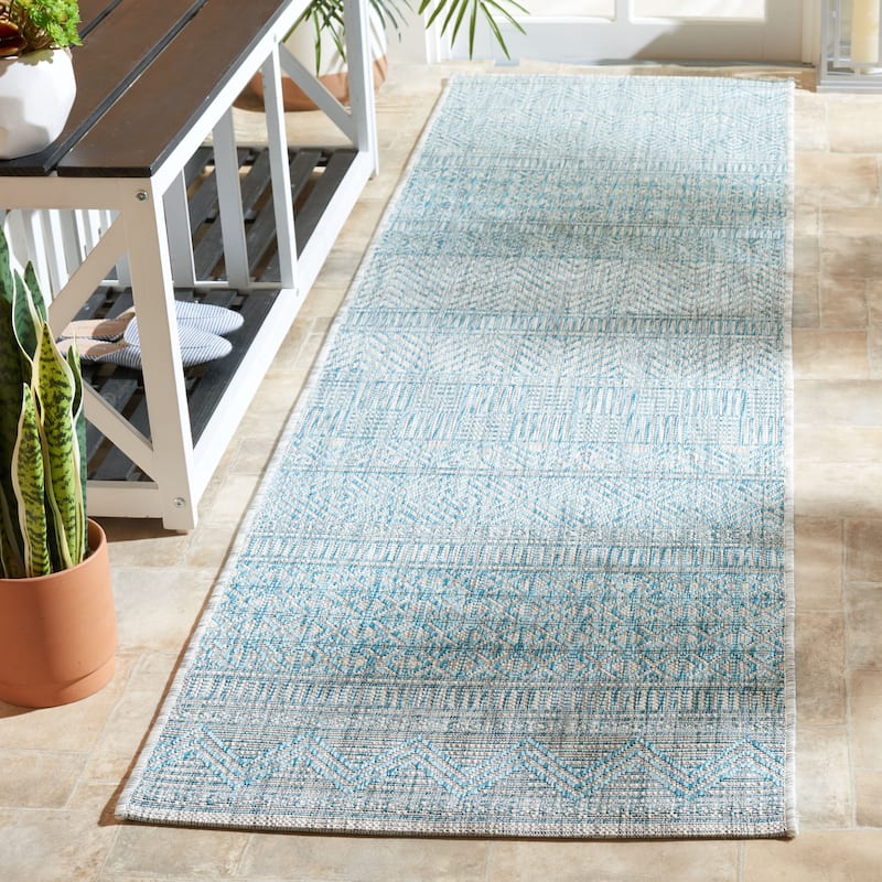 SAFAVIEH Courtyard Zorana Indoor/ Outdoor Waterproof Patio Backyard Rug - 2'3" x 8' Runner - Light Grey/Aqua