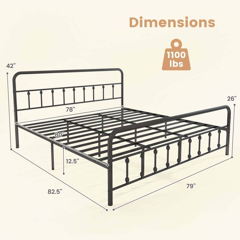 Metal Platform Bed Frame Victorian Style Heavy Duty Mattress - King