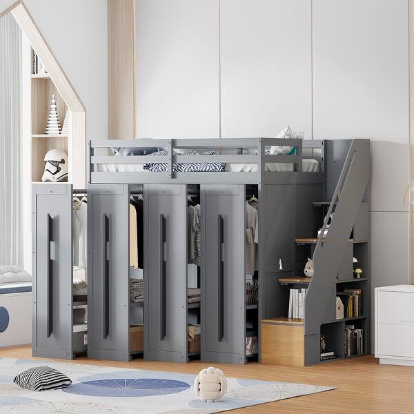 slide 2 of 19, Twin Size Loft Bed with 4 Large Retractable Wardrobes, Storage Stair and Side Storage Compartments for Kids Boys Girls, Grey Grey - Twin