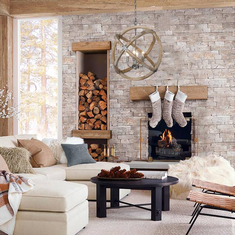 Modern Farmhouse Solid Wood Chandelier 4-Light Globe Kitchen Island Pendant - Real Wood - D20 " x H22.2"